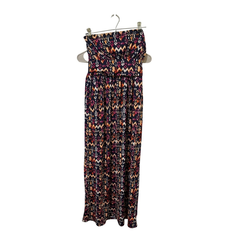 Emerald Sundae Size Large Ikat Print Strapless Maxi Dress Navy Orange Pink
